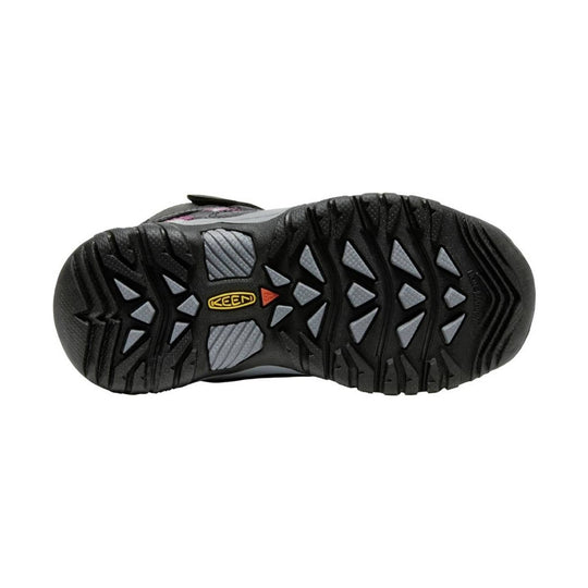 Black hiking boot outsole with gray tread inserts and KEEN logo