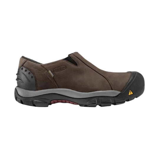 Brown slip-on work shoe with black rubber toe cap, rugged sole, and KEEN logo on the side