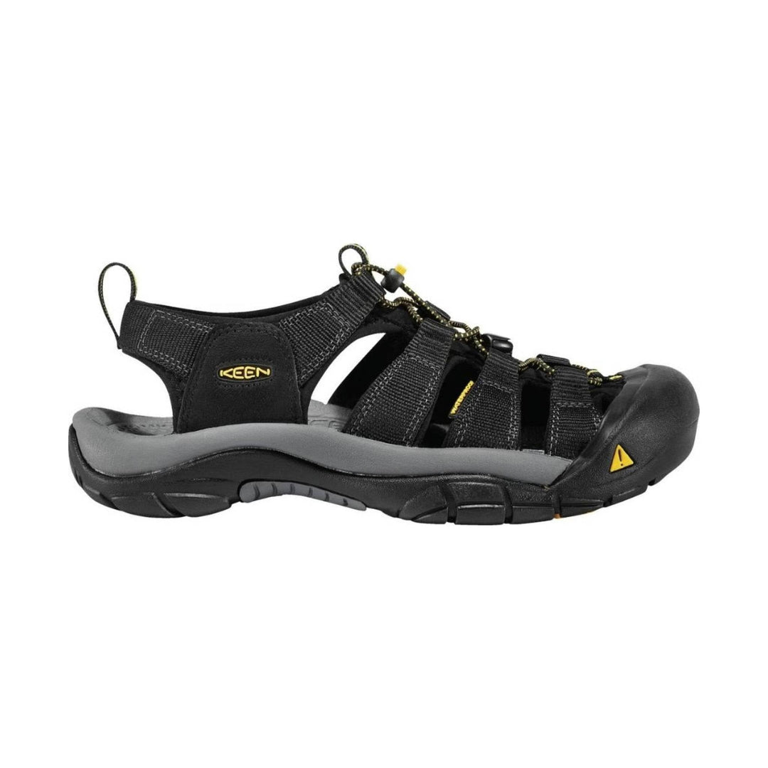 Black closed-toe hiking sandal with bungee laces, side cutouts, and a gray footbed