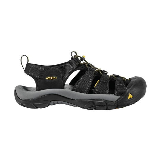Black closed-toe hiking sandal with bungee laces, side cutouts, and a gray footbed