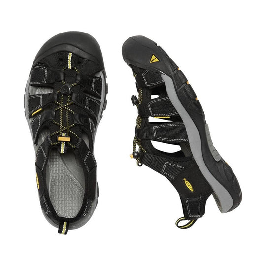 Black closed-toe sport sandal with bungee laces, side cutouts, and gray sole