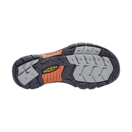 Trail shoe outsole in dark gray, light gray, and rust orange with KEEN branding