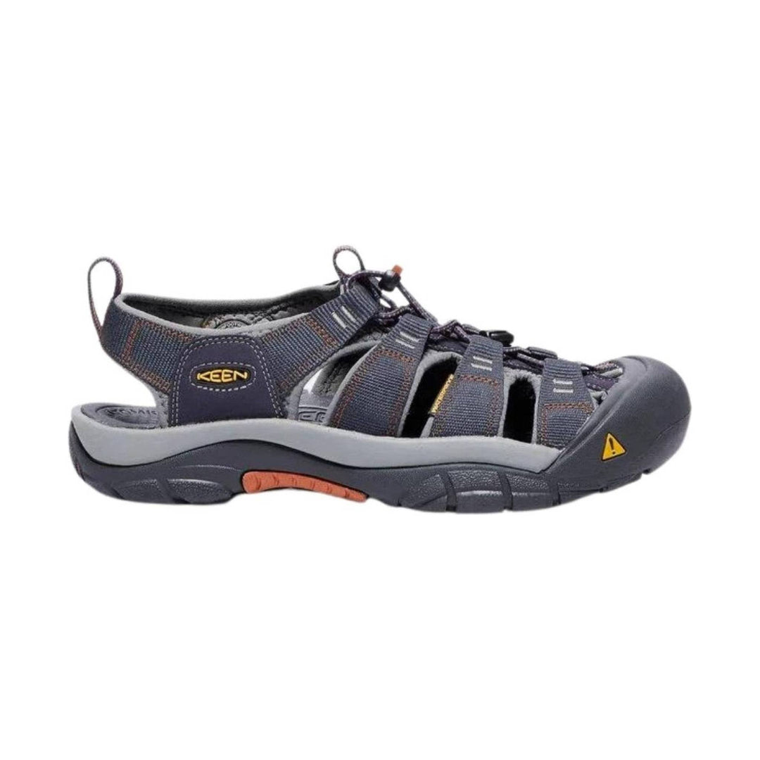 Gray and navy closed-toe hiking sandal with bungee laces and side cutouts