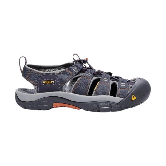 Gray and navy closed-toe hiking sandal with bungee laces and side cutouts