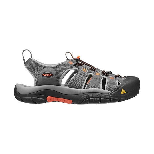 Gray closed-toe hiking sandal with black sole, orange accents, and bungee laces