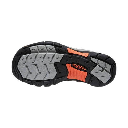 Outsole of a black, gray, and orange hiking sandal with KEEN logo
