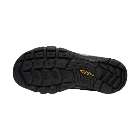 Black hiking shoe outsole with deep tread and KEEN logo