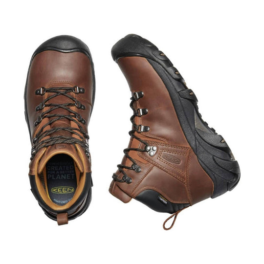 Brown and black hiking boots shown from top and side views with lace-up closures and rubber toe caps