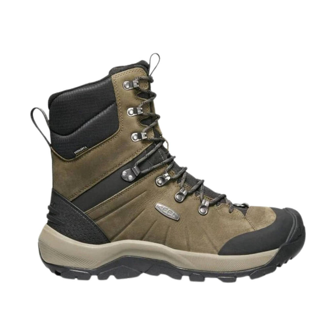 Olive and black insulated hiking boot with tall ankle support, metal eyelets, and black toe cap