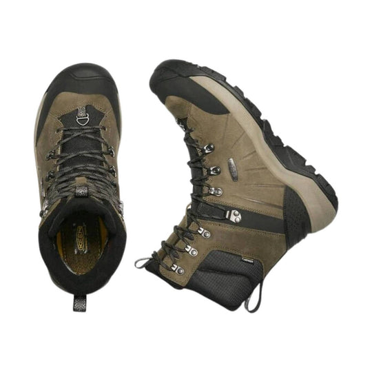 Pair of olive and black lace-up hiking boots with lug soles, shown from top and side views