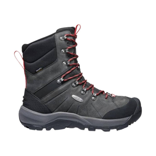 Black and gray high-top winter boot with red laces, lug sole, and reinforced toe cap