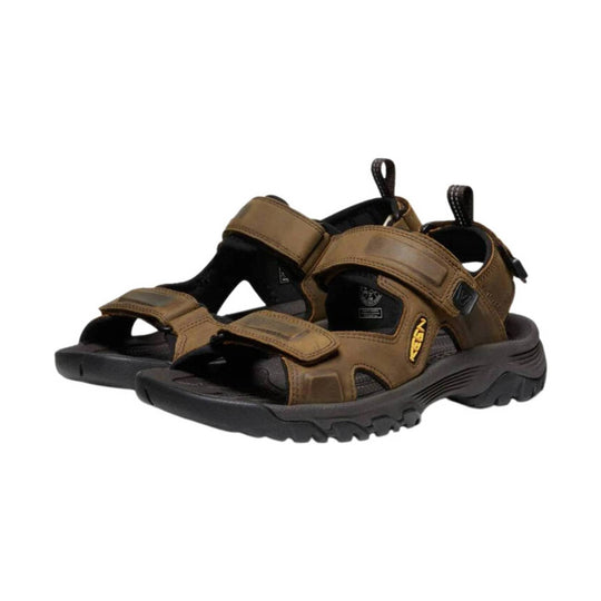 Brown outdoor sandal with black sole, hook-and-loop straps, and open toe
