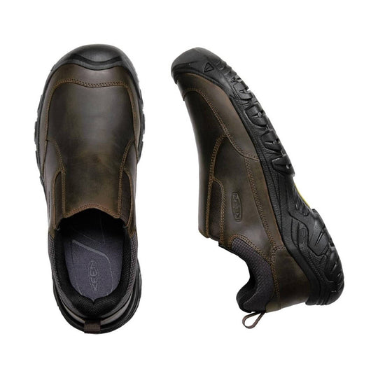 Brown slip-on hiking shoes with black soles and side cutouts