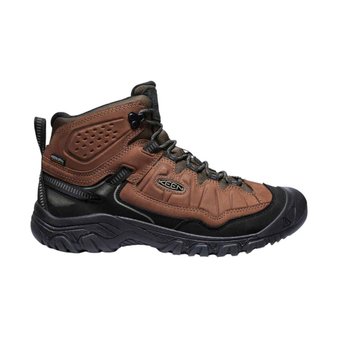 Brown and black mid-height hiking boot with rugged tread and KEEN logo