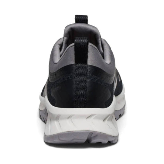 Black and gray trail shoe shown from the back with a padded collar, pull tabs, and a thick white midsole