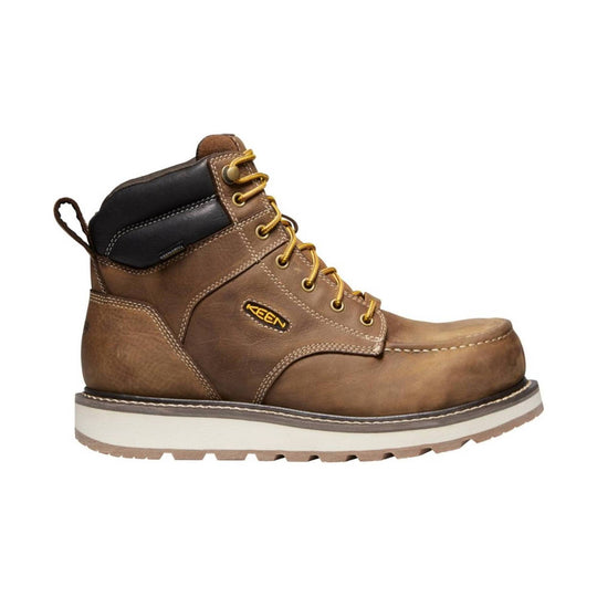 Brown leather lace-up work boot with black padded collar and thick white sole