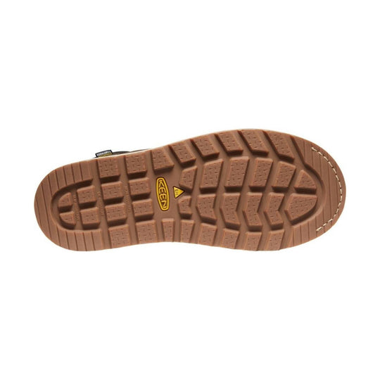Brown boot outsole with deep tread, KEEN logo, and EH marking