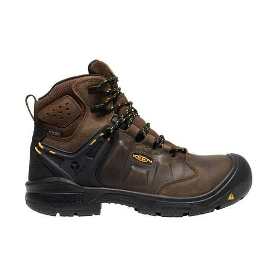 Brown and black lace-up work boot with a composite toe, reinforced heel, and rugged tread