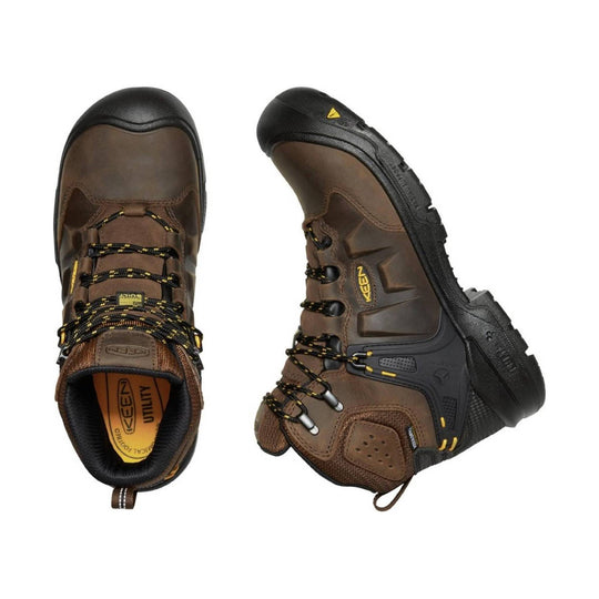 Brown and black work boots shown top and side view with bungee laces and composite toe