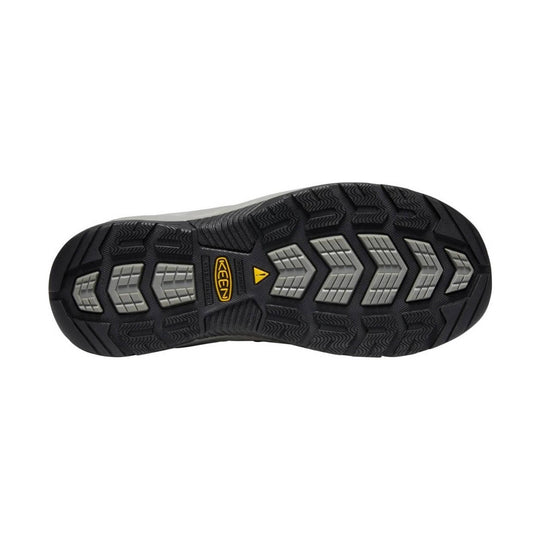 Black hiking shoe outsole with gray tread inserts and KEEN logo