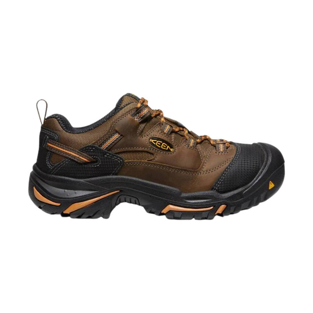 Brown and black low-cut work shoe with orange accents, mesh panels, and a rugged outsole