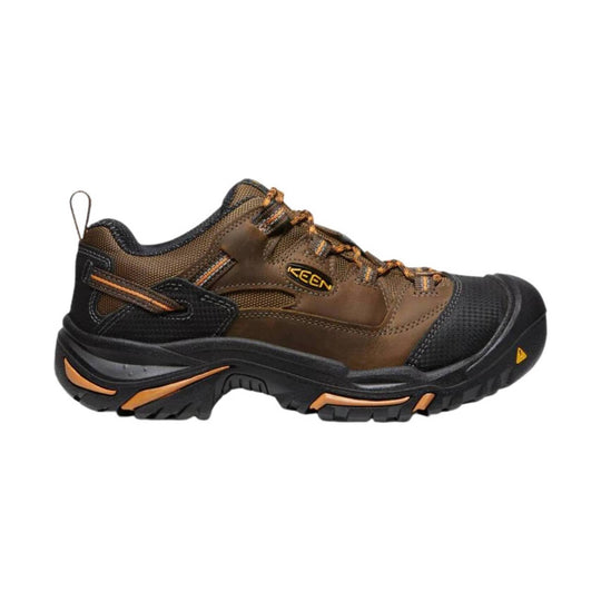 Brown and black low-cut work shoe with orange accents, mesh panels, and a rugged outsole