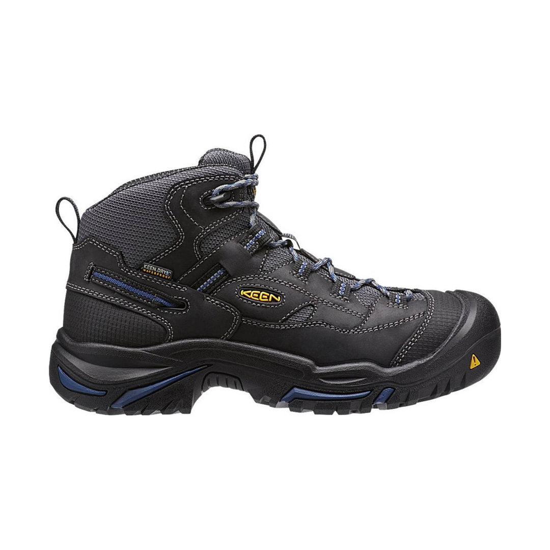 Black mid-height hiking boot with blue accents, rugged sole, and lace-up design