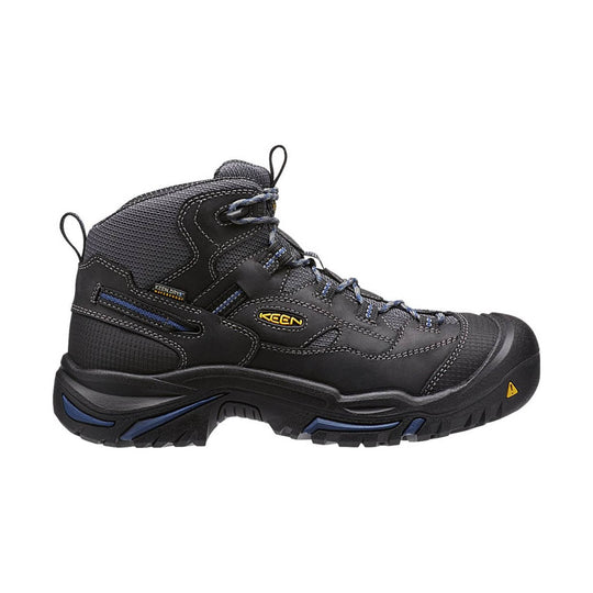 Black mid-height hiking boot with blue accents, rugged sole, and lace-up design