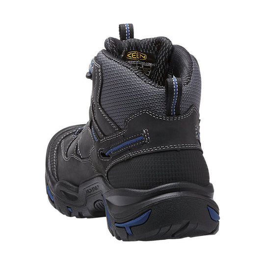Black mid-height work boot with blue accents, stitched overlays, and a pull tab at the back
