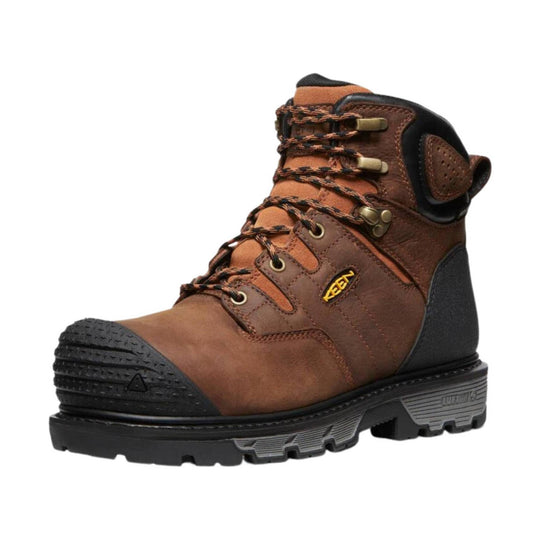 Brown and black leather work boot with hiking-style laces and a reinforced toe