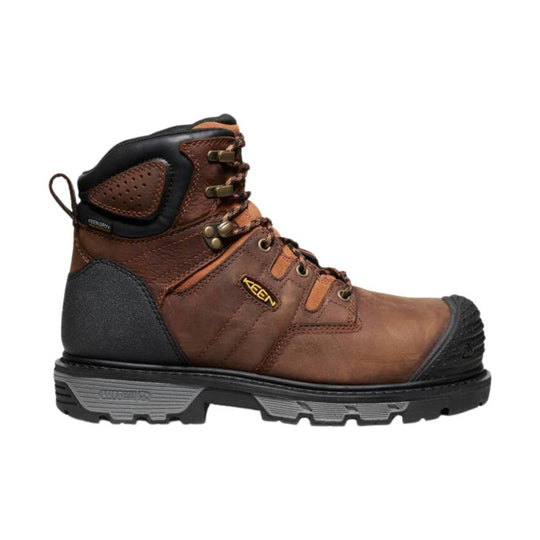 Brown leather lace-up work boot with black collar, reinforced toe, and pull loop