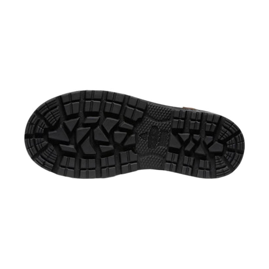 Black rugged boot outsole with deep tread and triangular lug pattern
