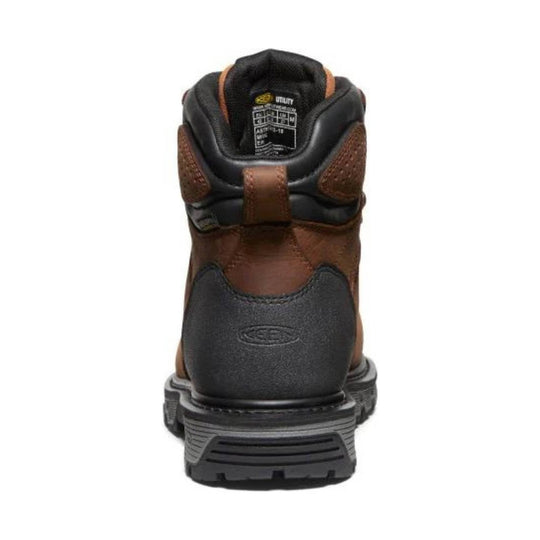 Brown and black waterproof work boot shown from the back