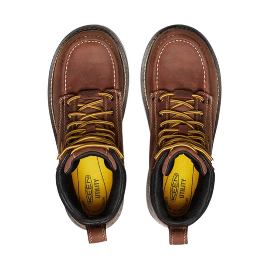 Brown leather work boots with yellow laces, black padded collars, and KEEN UTILITY insoles