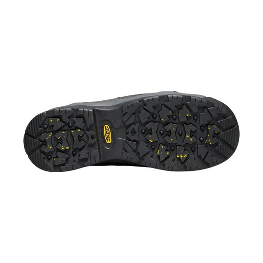 Black lugged boot outsole with yellow KEEN logo at the arch