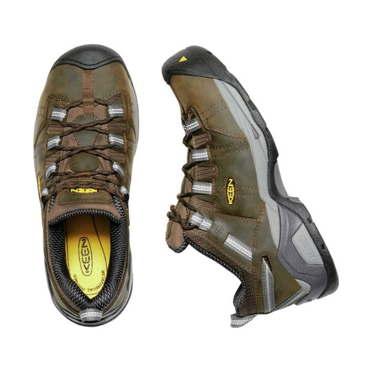 Olive and brown closed-toe hiking shoe with bungee laces, reflective accents, and black rubber toe cap