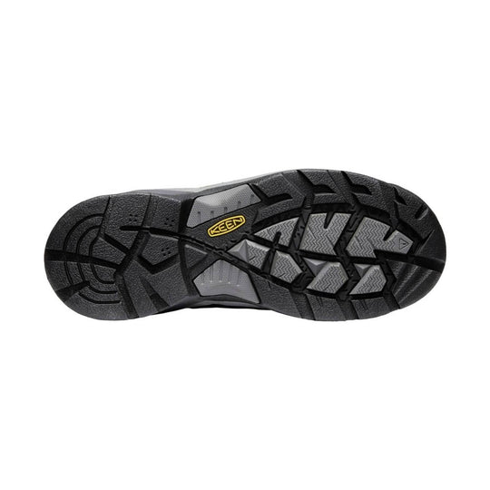 Black rugged work shoe outsole with gray traction inserts and KEEN logo