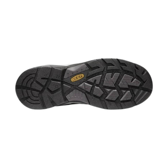 Black rugged boot outsole with deep tread and a KEEN logo