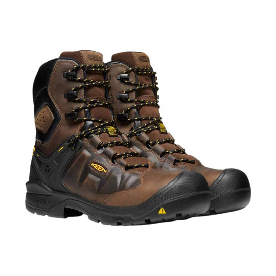 Brown and black insulated work boots with bungee laces and rubber toe caps
