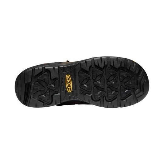 Black rugged boot outsole with deep tread and KEEN logo