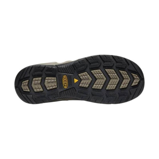 Black boot outsole with tan traction lugs and KEEN logo