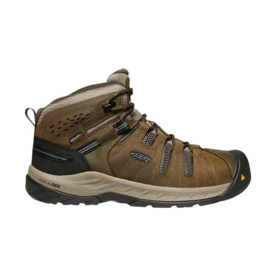 Brown mid-height hiking work boot with black toe cap, mesh panels, and bungee laces