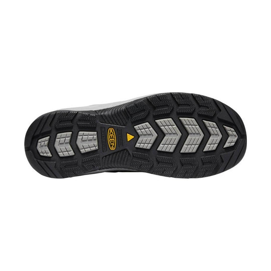 Black work shoe outsole with gray tread inserts and KEEN logo