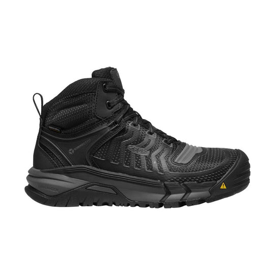 Black mid-height work boot with mesh upper, laces, and thick lugged sole