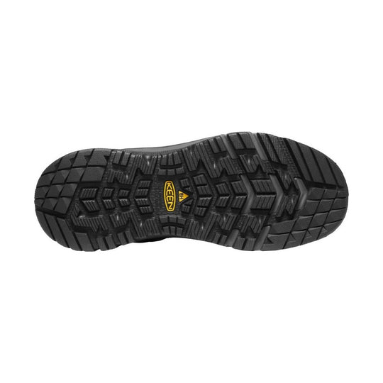 Black rubber work boot outsole with rugged tread and KEEN logo in the center