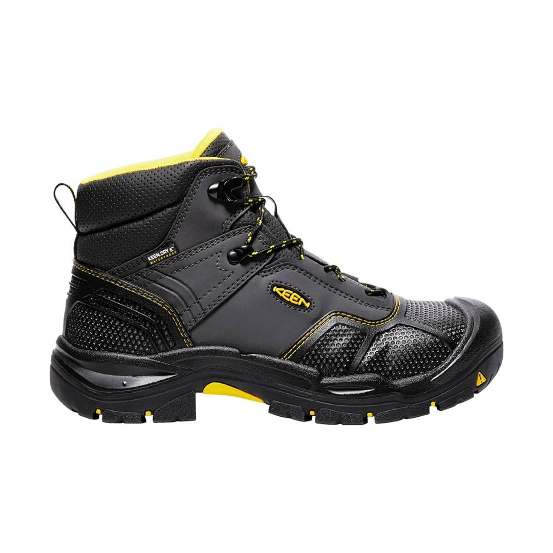 Black mid-height work boot with yellow trim, bungee laces, and rugged tread