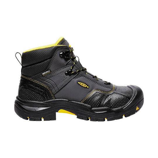 Black mid-height work boot with yellow trim, bungee laces, and rugged tread