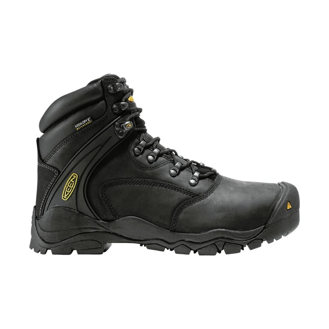 Black lace-up waterproof work boot with padded collar and rugged tread