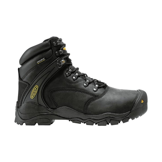 Black lace-up waterproof work boot with padded collar and rugged tread