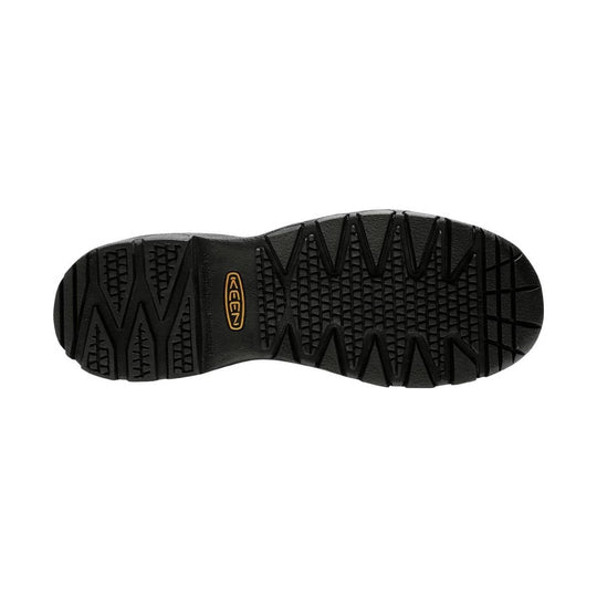 Black boot outsole with aggressive tread and KEEN logo